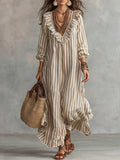 Vacation casual style vertical stripes mid-length skirt v neckrufflespatchworklooseslimming looklong sleeves flowydress