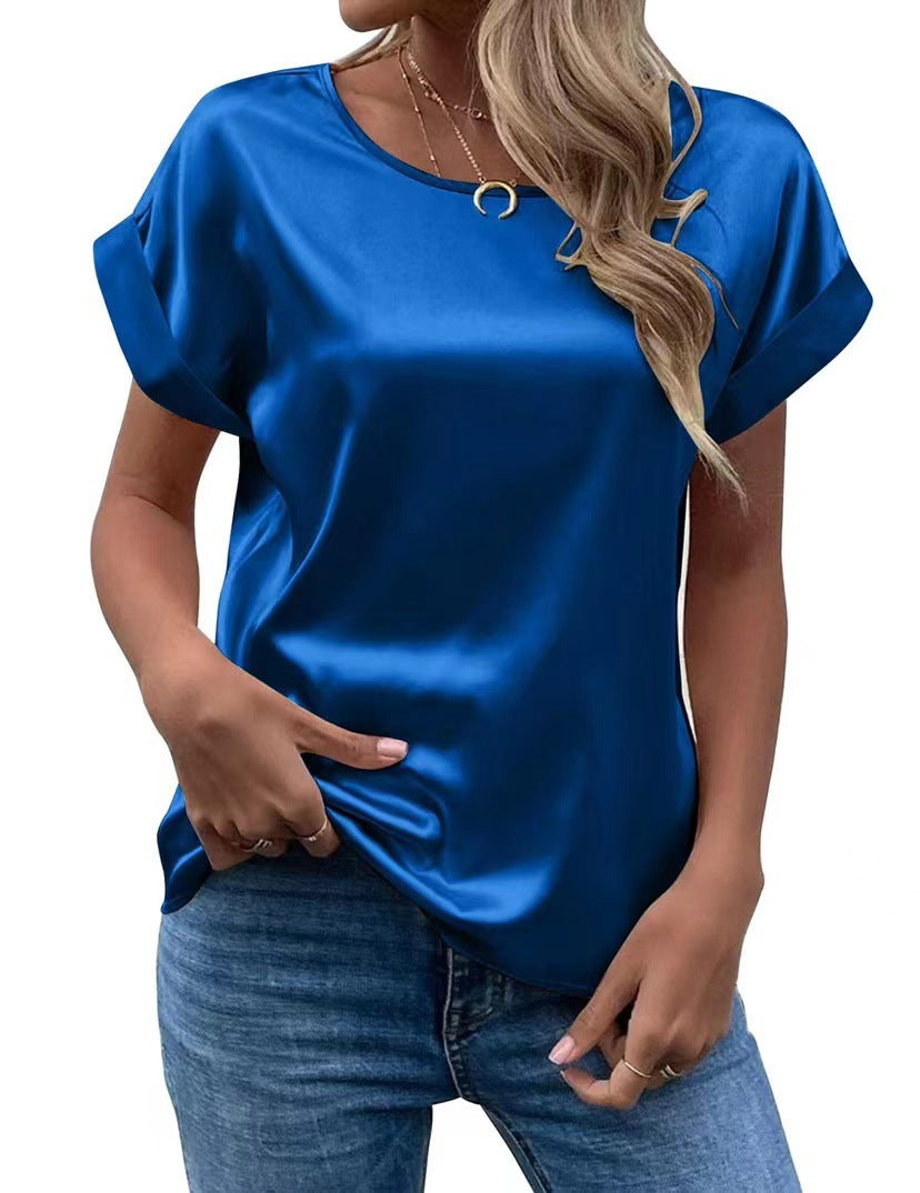 Women's short-sleeve satin blouse - relaxed fit, versatile crew neck, satin shirt - cross-border   new arrival