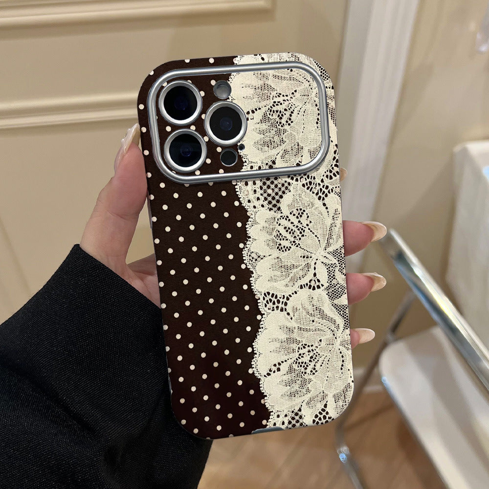 Pieced polka dot lace appliqué phone case for iphone 17 pro max, iphone 13, round edge large view soft case