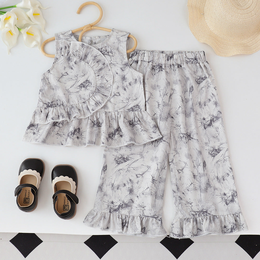 Girls'  chinese style outfit - new summer collection: stylish and traditional summer two-piece set for kids, featuring ink wash painting design