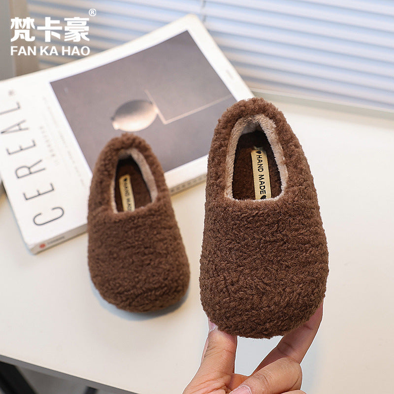 Fanka hau girls' fall/winter fleece-lined lambswool outdoor cotton shoes,  new slip-on solid color fuzzy slippers