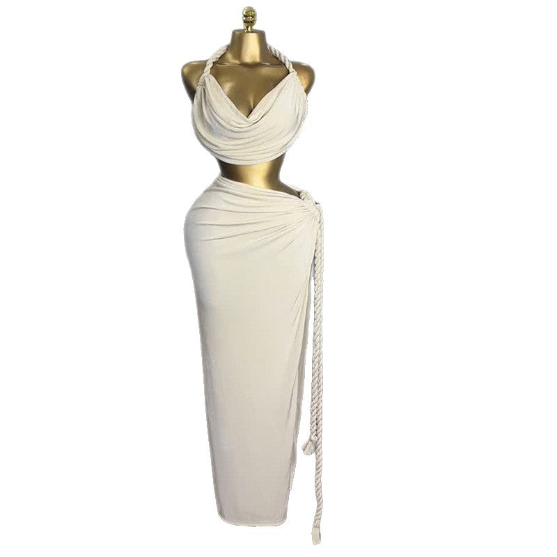 European and american cross-border women's fashion:  autumn new collection - vacation-ready, elegant twist knot top & slim-fit midi skirt fashion set
