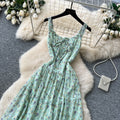 French sweet floral print cami dress - women's summer mint green lace trim, slim fit, vacation maxi dress