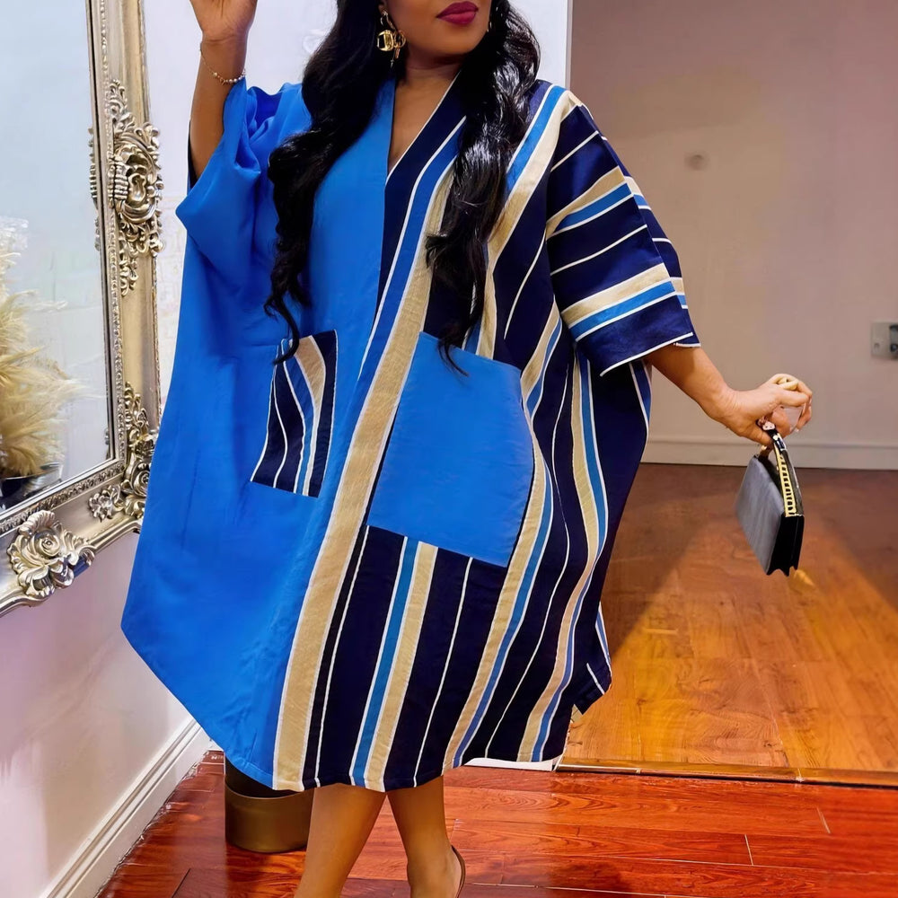 African ethnic patchwork dress - batwing sleeve v-neck pocket color block satin bubu robe dress