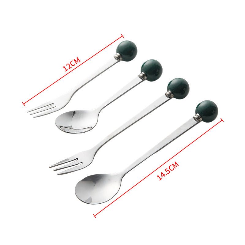 Accessible luxury ceramic ball fruit fork for home stainless steel spoon multi-purpose dessert spoon good-looking glazed pastry fork