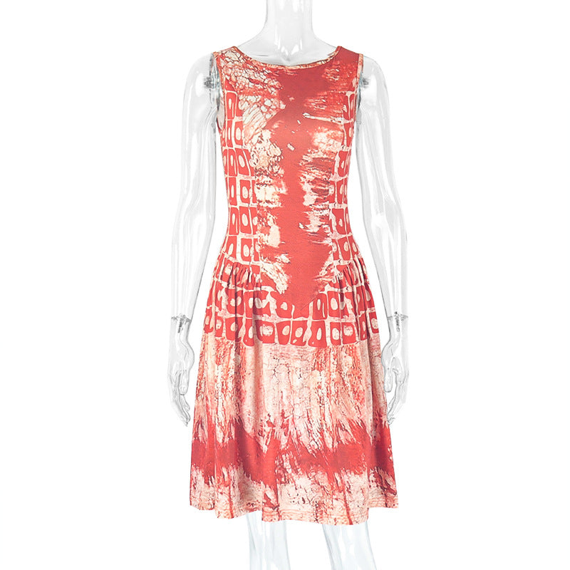 Fashion style cross-border trendy printing women's waist pleated a-line skirt silm round neck sleeveless new arrival short dress