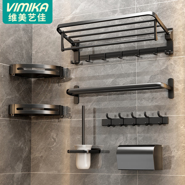 No punching bathroom storage towel rack, bathroom black space aluminum bath towel rack, bathroom hardware pendant set