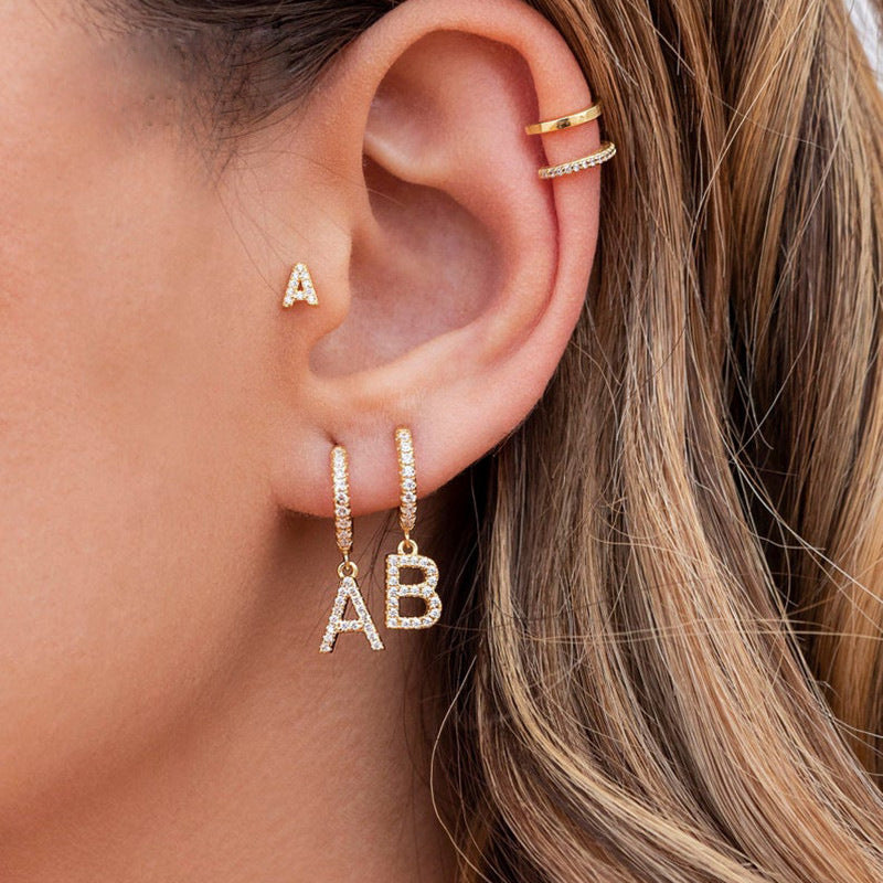 European and american gold-plated micro-paved zircon 26-letter initial pendant earrings - fashionable, unique, high-end, and chic hoop earrings with tassel detail