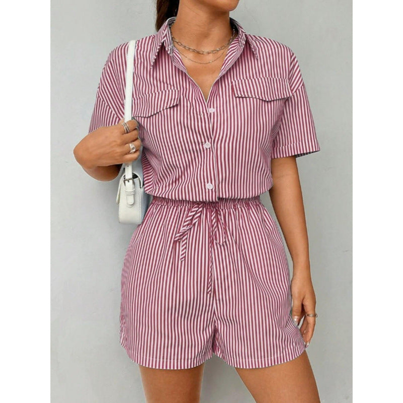 Shipped to europe and the us: -style striped, button-front, short-sleeved, cinched-waist jumpsuit for independent cross-border e-commerce stores