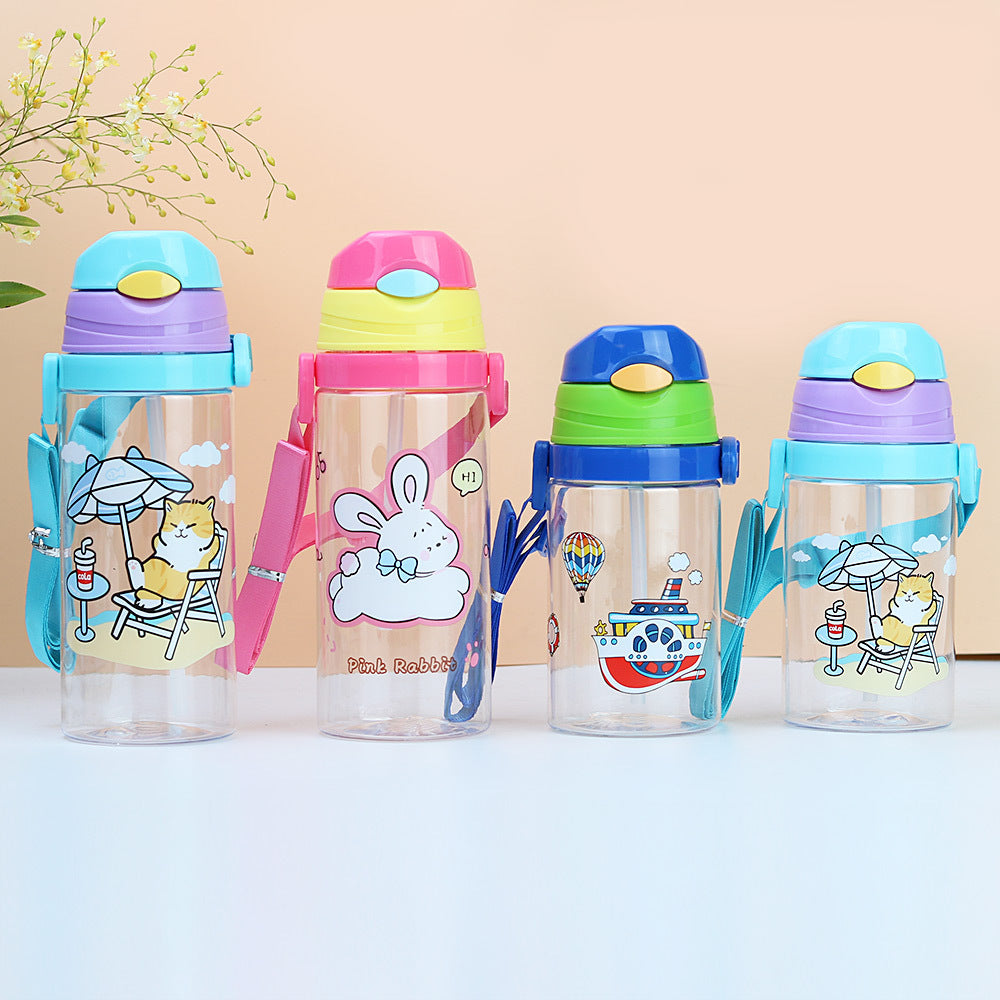 Factory customized cute cartoon kids straw cup cross-border plastic water bottle portable outdoor water bottle kindergarten cup