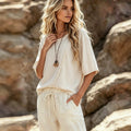 European and american style plus size off-white casual short sleeve top - round neck short sleeve patchwork loose pullover