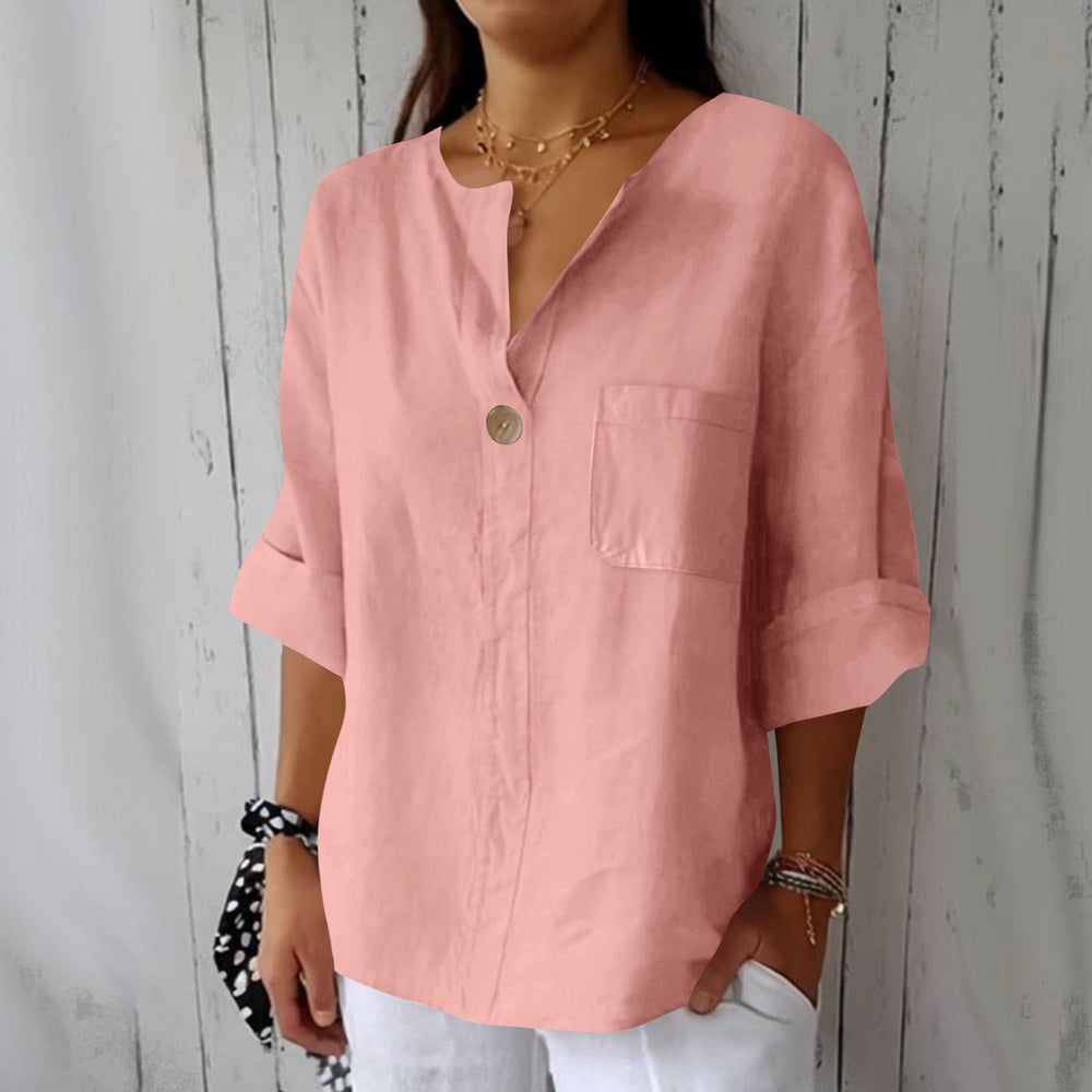 cross-border fashion summer new loose t-shirt women's v neck cotton and linen button tops