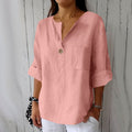cross-border fashion summer new loose t-shirt women's v neck cotton and linen button tops