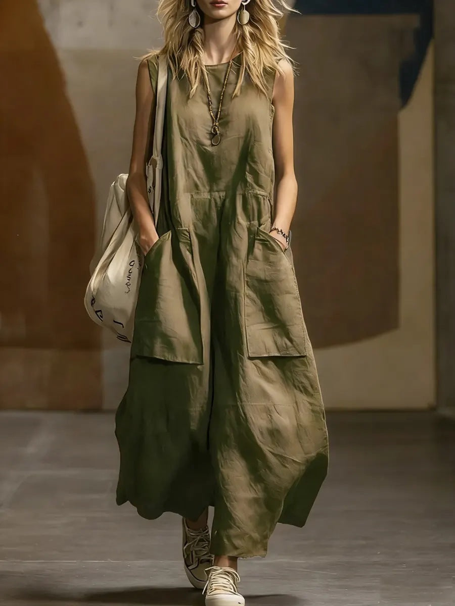 european and american cross-border  independent station spring and summer women's loose casual sleeveless pocket cotton and linen dress
