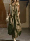 european and american cross-border  independent station spring and summer women's loose casual sleeveless pocket cotton and linen dress