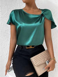 european and american export cross-border supply summer satin short-sleeve top - satin twist knot solid color loose fit versatile women's top