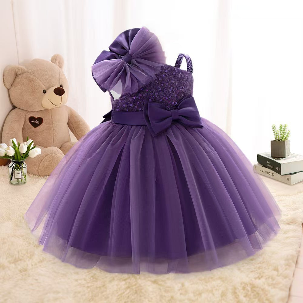 Girls' sequin runway princess dress - new baby girl tulle tutu skirt - kids' bowknot first birthday dress
