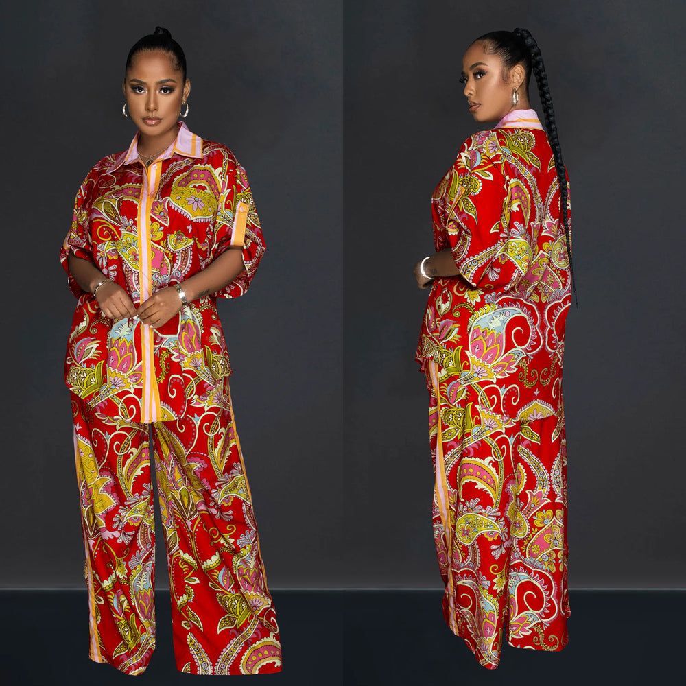 C6618 cross-border   fashion women's french print shirt & shorts two-piece set