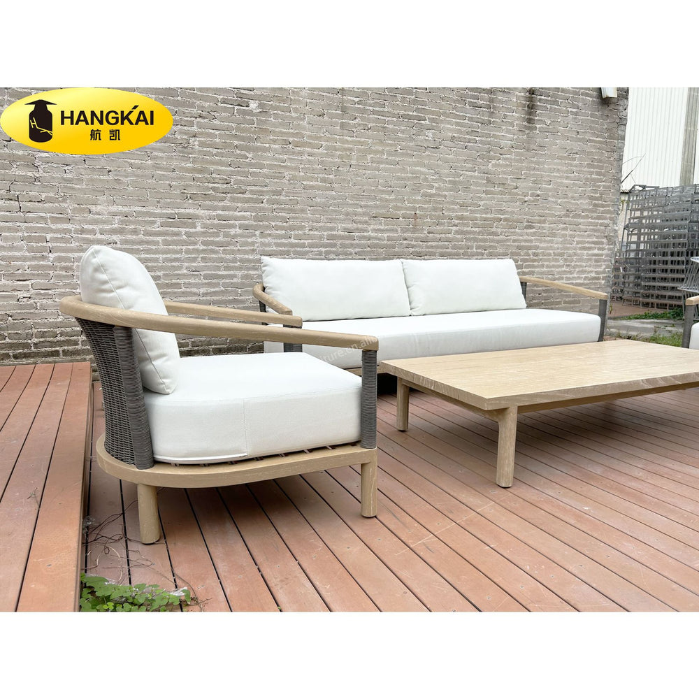 Complete custom nordic casual outdoor rattan woven teak sofa set for villa courtyard, outdoor rattan woven table and chair set with solid wood frame