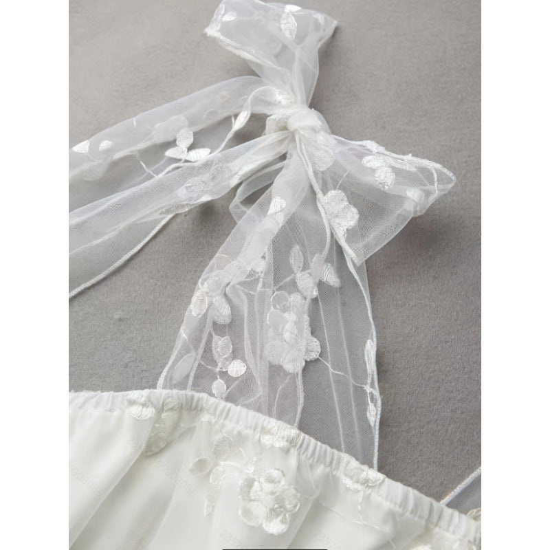 Women's summer new arrival: elegant and romantic mesh embroidered tie-waist a-line midi dress