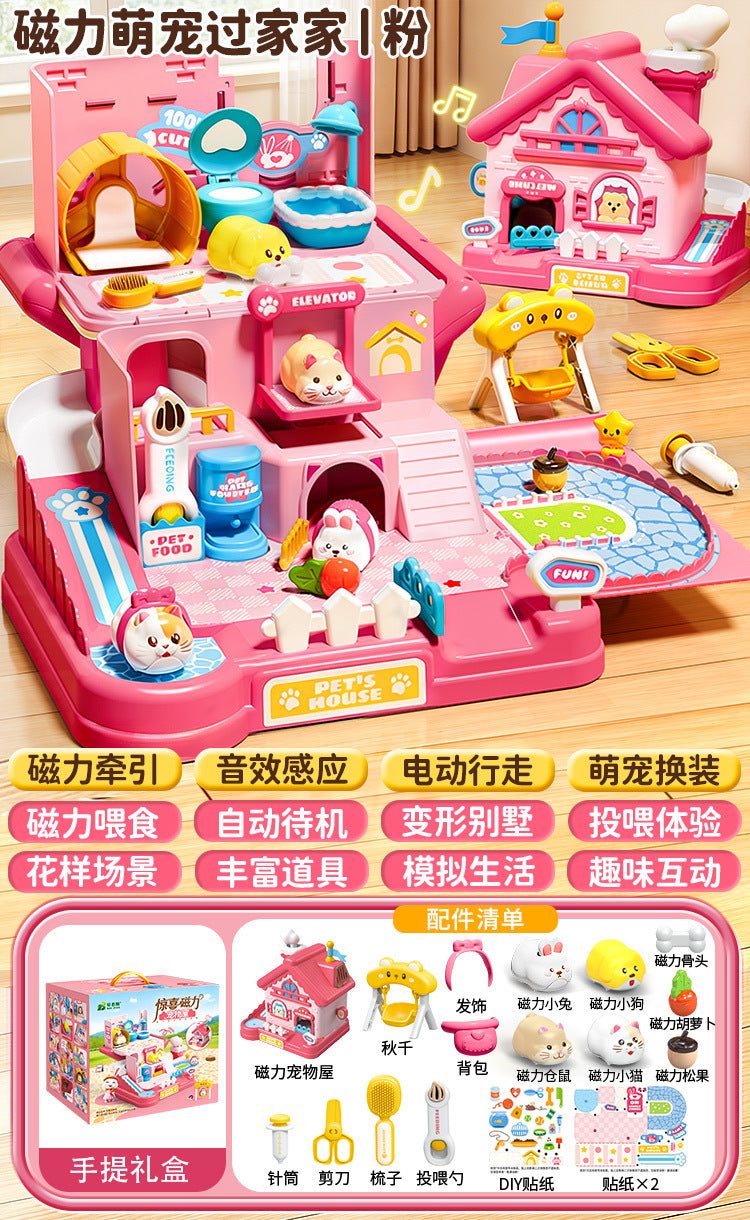 3-6 year old girls' toys, pretend play magnetic pet house, little rabbit & cat dolls, birthday gift for girls