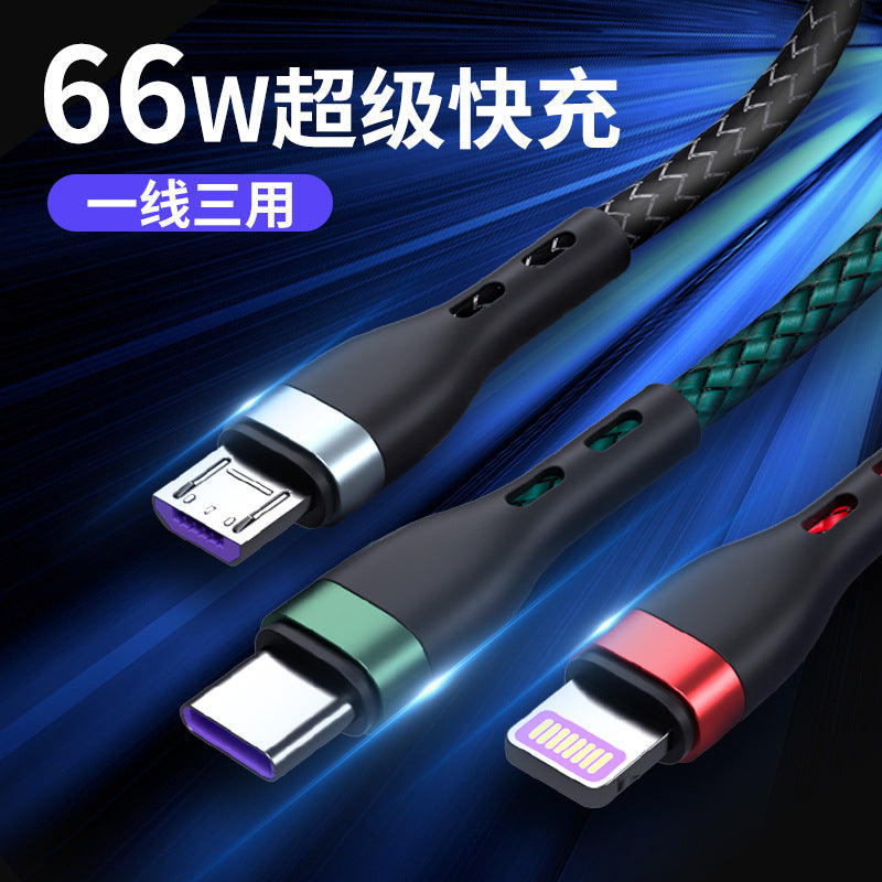 3-in-1 charging cable, 66w fast charging, compatible with apple and android devices, 6a mobile phone charging cable, 3-in-1 aluminum alloy braided cable