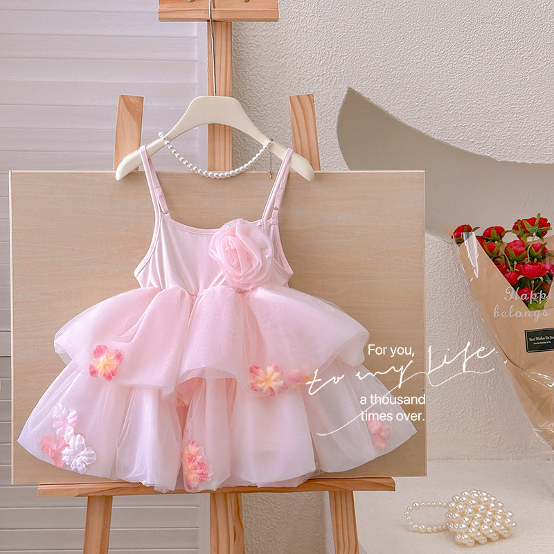 Girls' summer dress  new arrival: ethereal floral party dress, spaghetti strap, chic princess style