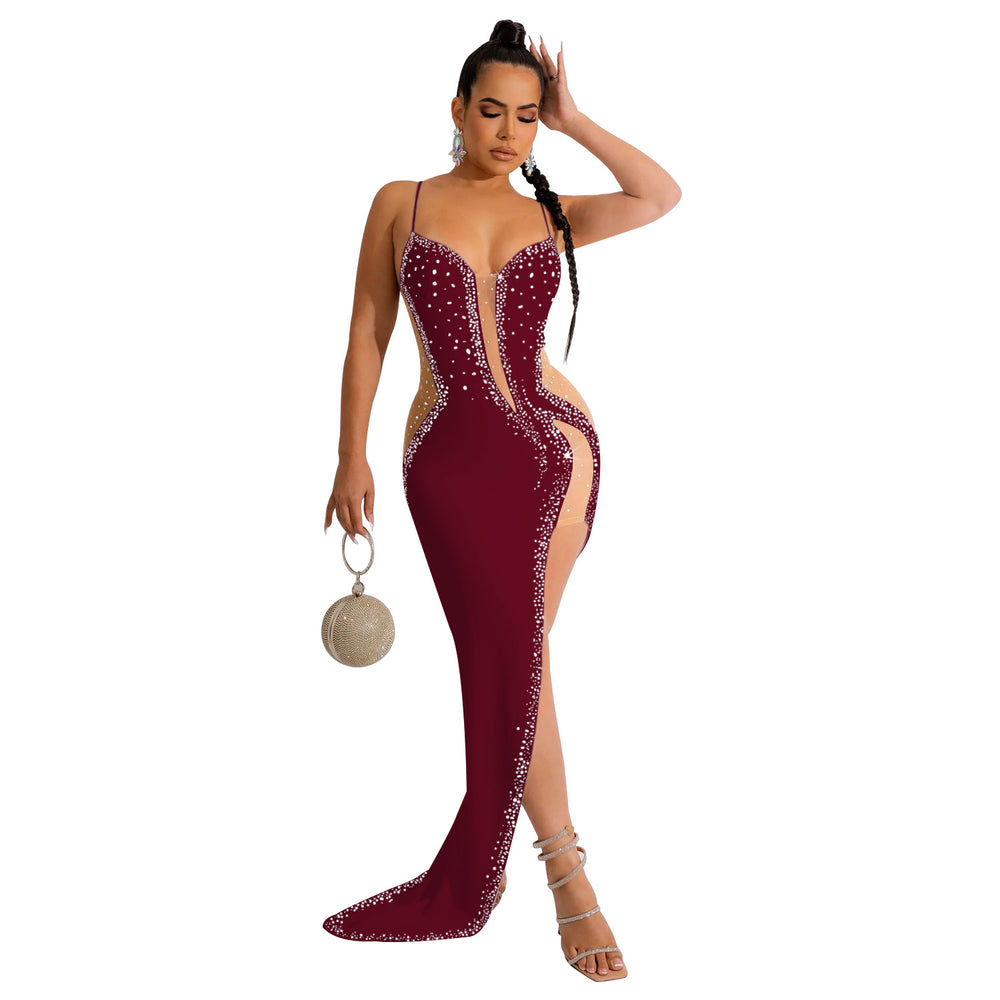 C6039   fashion women's solid color rhinestone hotfix long dress v-neck sleeveless spaghetti strap dress