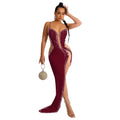 C6039   fashion women's solid color rhinestone hotfix long dress v-neck sleeveless spaghetti strap dress