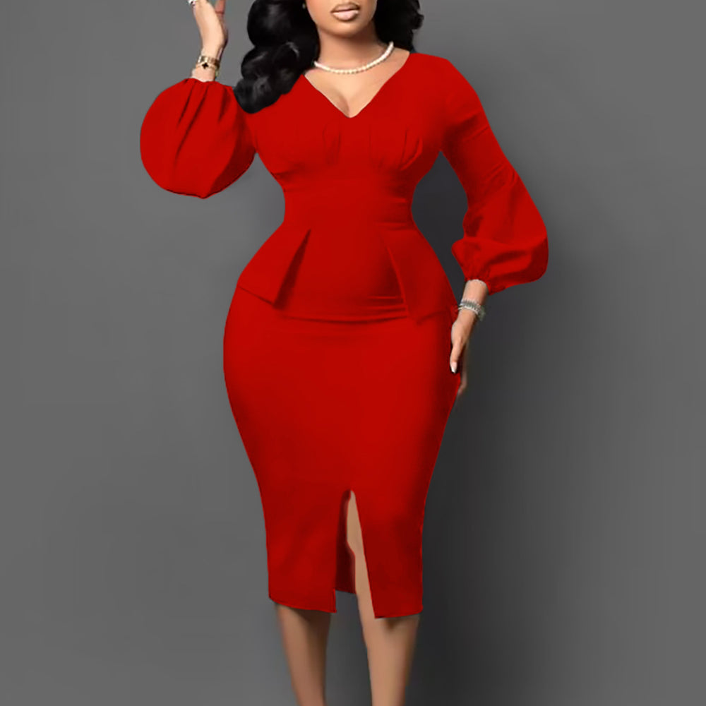 D354  european and american women's clothing v neck puff sleeve slit dress office pencil skirt african dress