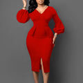 D354  european and american women's clothing v neck puff sleeve slit dress office pencil skirt african dress
