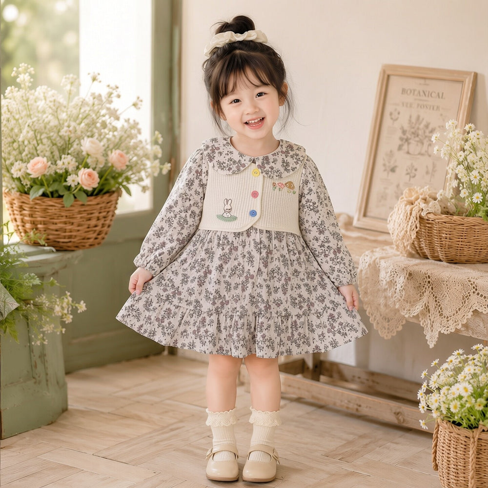 Girls' spring/autumn long-sleeve princess dress - new children's fashionable floral fake two-piece skirt set - kids' clothing
