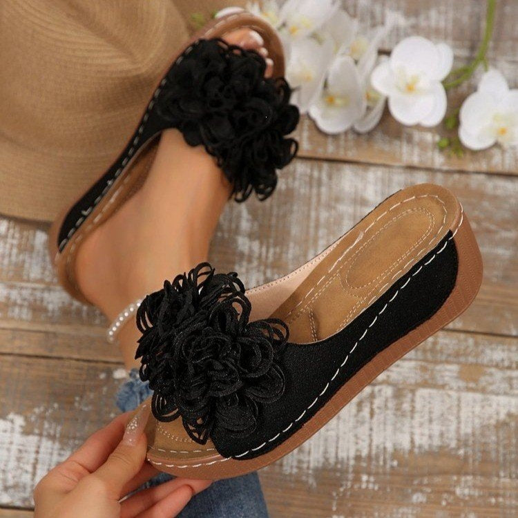 plus sizesummernew arrivalexport wedge thick sole slippers fish mouth one-piece strap flower outwear slippers