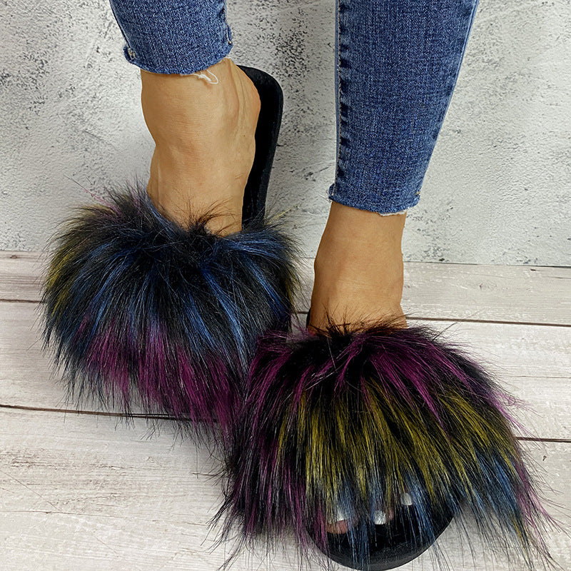 Women's faux fox fur slippers - new autumn/winter collection - warm, flat-heeled cotton slides for indoor/outdoor wear