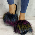 Women's faux fox fur slippers - new autumn/winter collection - warm, flat-heeled cotton slides for indoor/outdoor wear