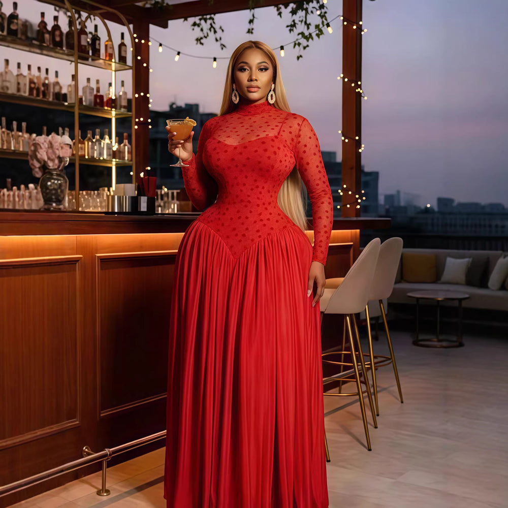 European and american cross-border women's winter  new arrival: long-sleeved stand collar slim-fit patchwork pleated maxi dress - elegant style