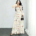 european and american new arrival: white base, multi-colored floral print, square neck, chiffon bubble long sleeve, cinched waist, maxi swing dress