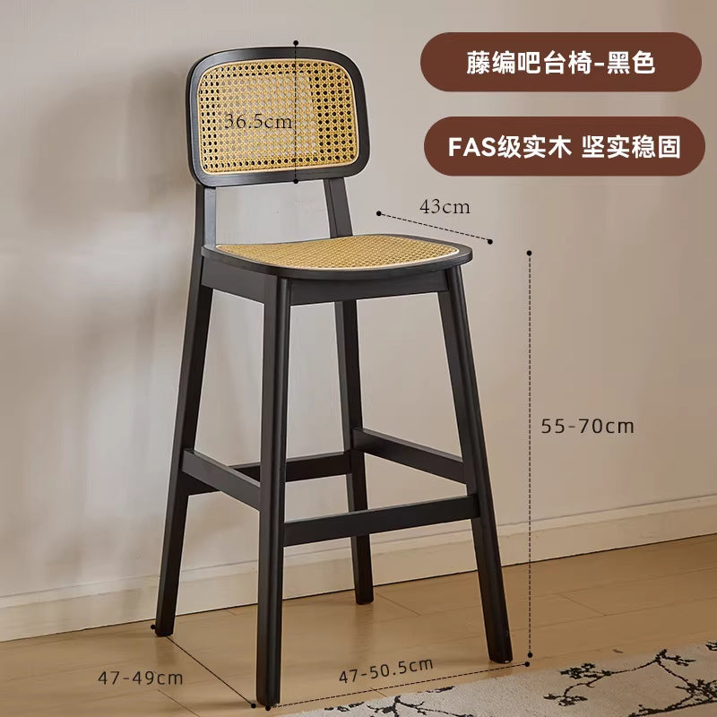 Casual modern rubber wood high bar stool wabi-sabi style rattan bar chair for home island chair other cloth dining chair