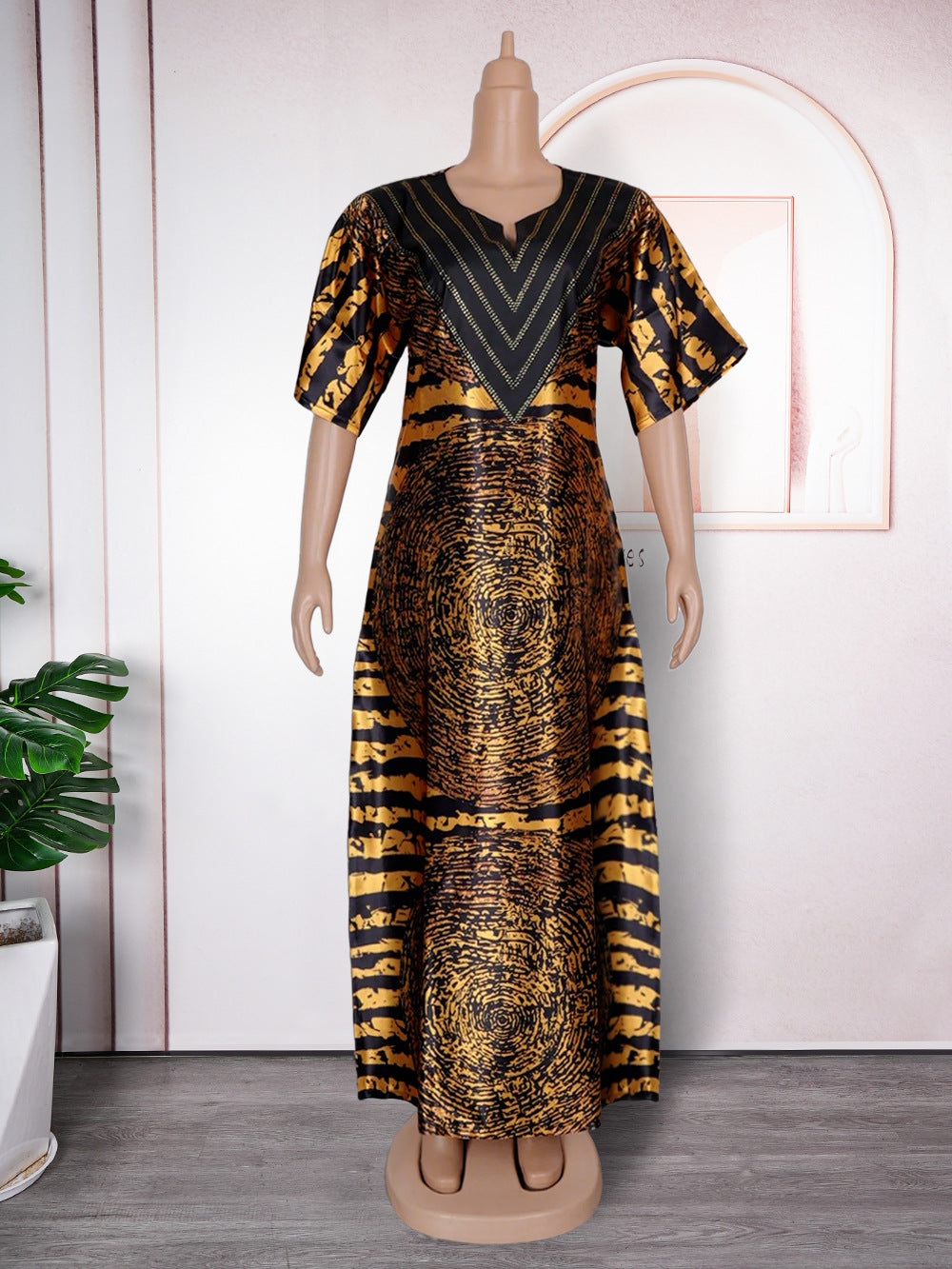 European and american african women's printed loose robe plus size long dress   rhinestone dress in stock