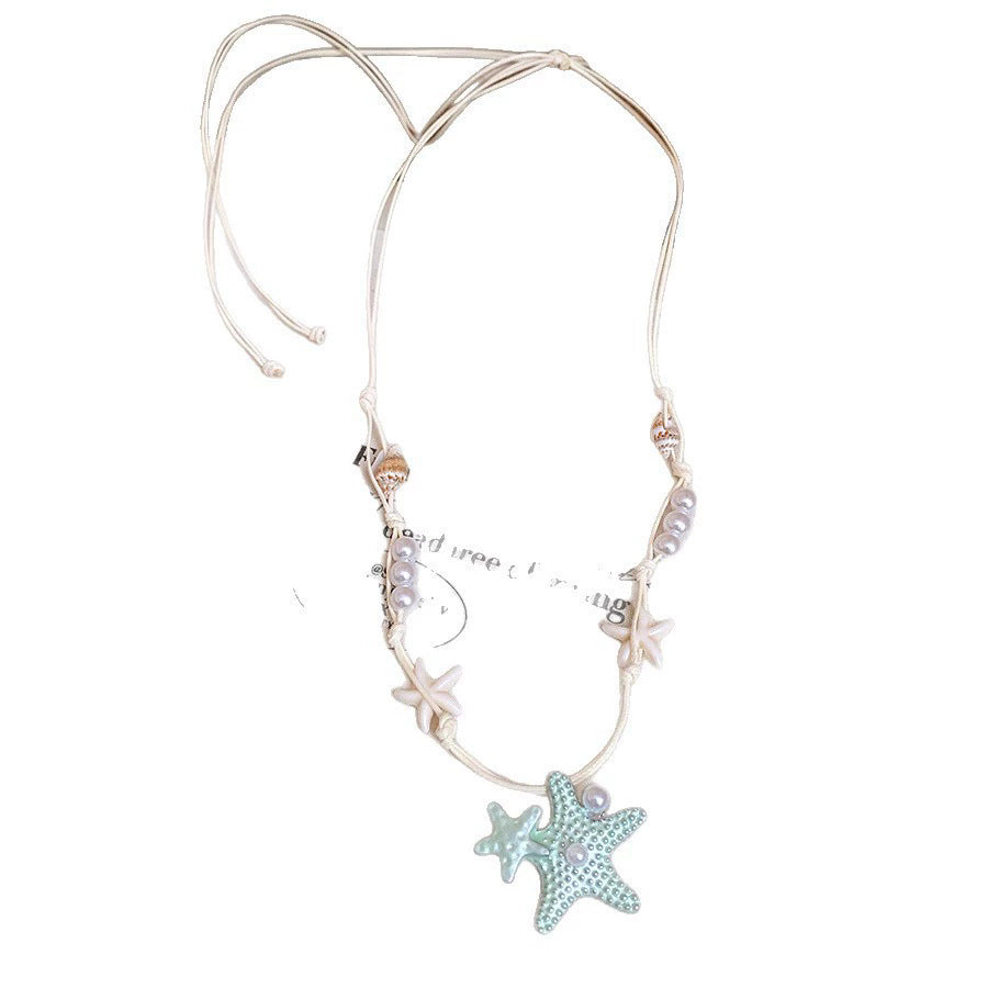 Blue starfish shell beaded necklace - women's summer beach vacation style choker - sweet, versatile, and atmosphere-boosting accessory