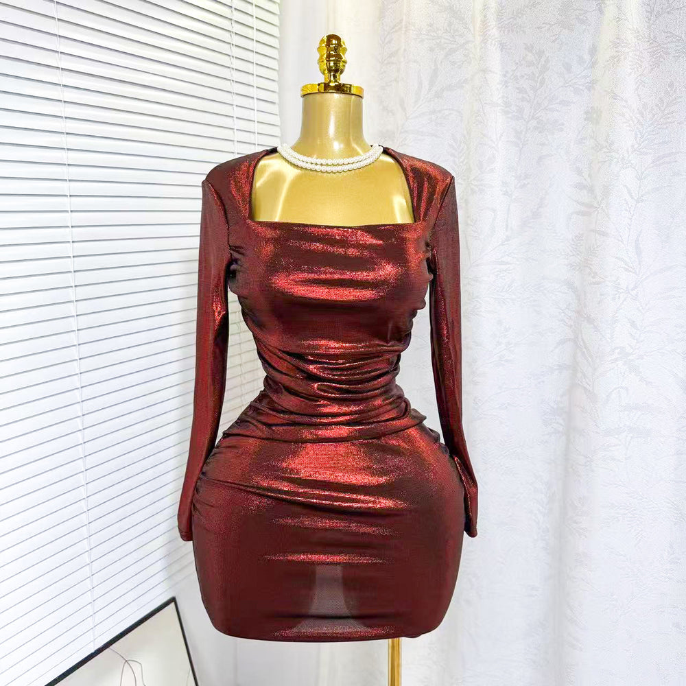 autumn new arrival: cross-border european and american style long-sleeved stretch bodycon mini dress - shiny party fitted skirt