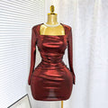 autumn new arrival: cross-border european and american style long-sleeved stretch bodycon mini dress - shiny party fitted skirt