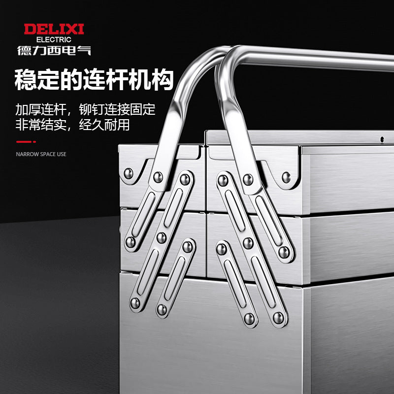 Delixi Electric Stainless Steel Toolbox Household Car Portable Large Thickened Triple Folding Tipping Bucket Storage Box