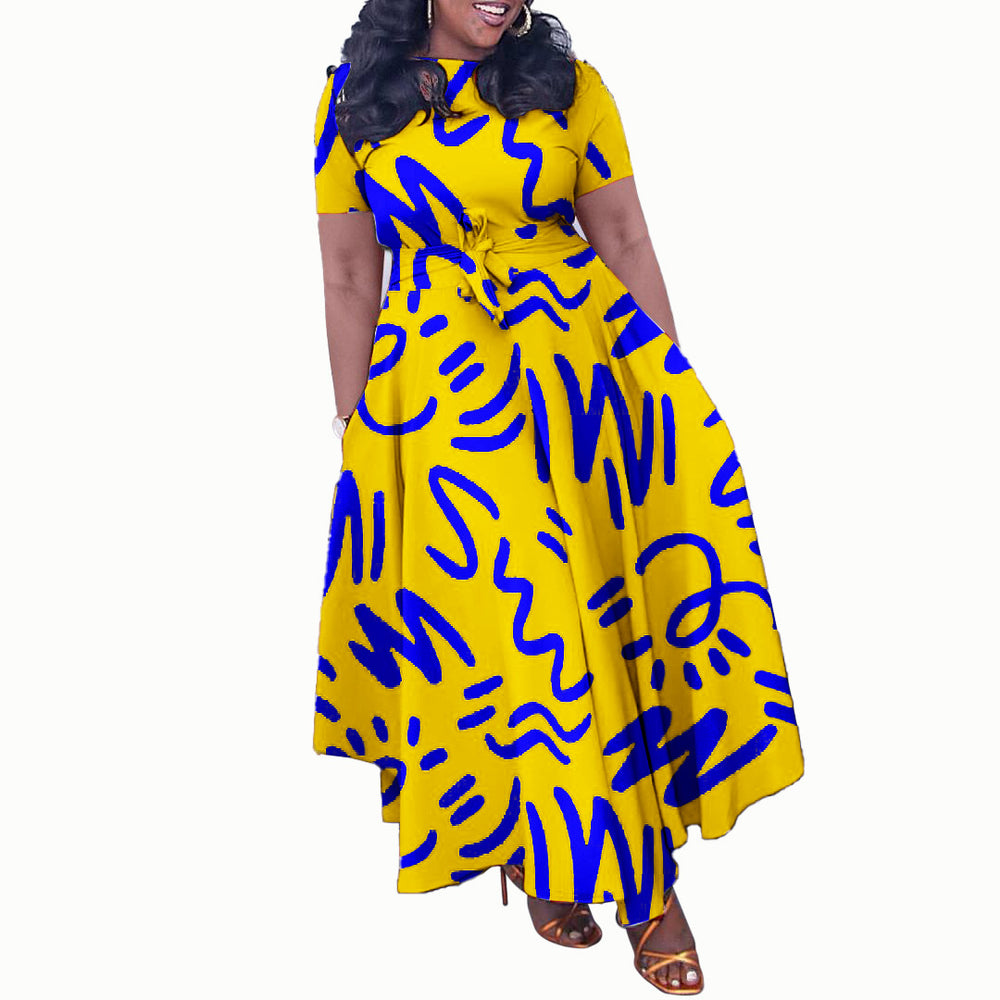 D3323 cross-border women's fashion  new arrival: elegant tie-waist african print short-sleeve maxi dress for export
