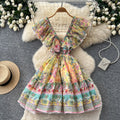 French riviera v-neck ruffle sleeve floral dress - women's summer princess style slimming a-line mini dress