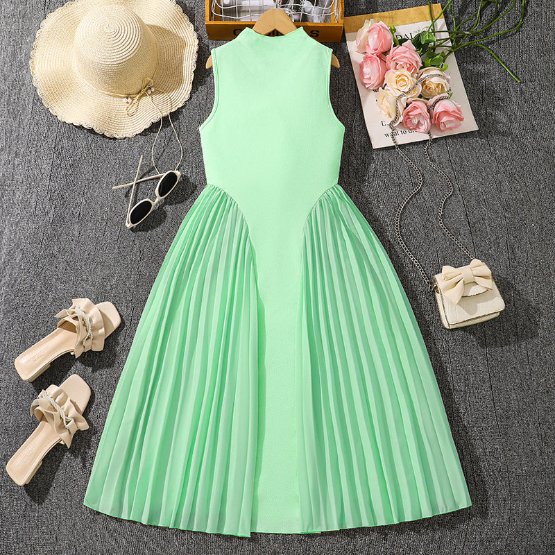 girls' summer dress,  new style, foreign trade european and american style, elegant pleated patchwork, cinched waist, sleeveless formal dress