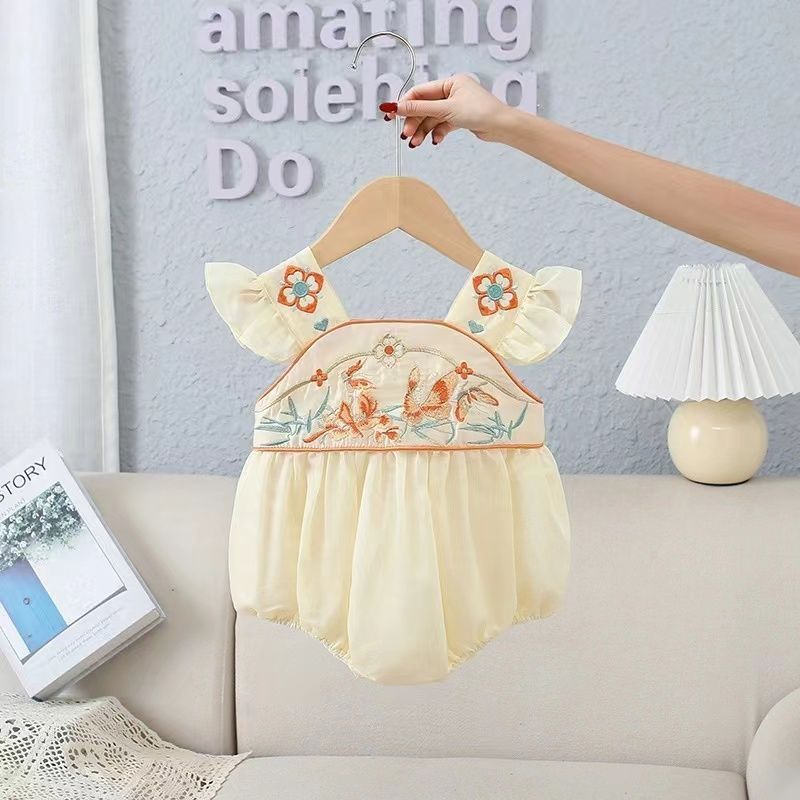 Newborn baby summer romper with flutter sleeves - stylish and trendy bodysuit for 100-day celebration and crawling