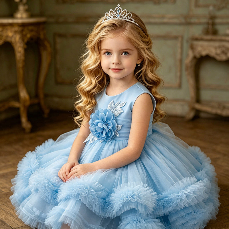 Baby girl's first birthday party dress, featuring a train, high-low hem, perfect for flower girls and princesses. cross-border, european and american style