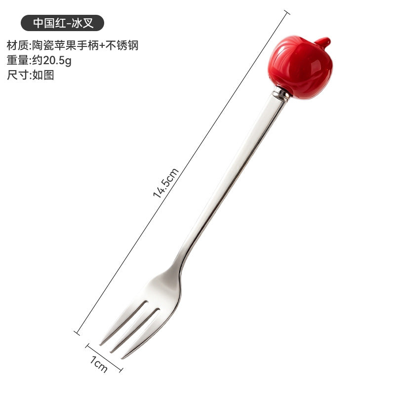 Colorful apple fork and spoon set - creative spoons with stainless steel and ceramic handles for fruit, coffee, cake, and desserts - wholesale