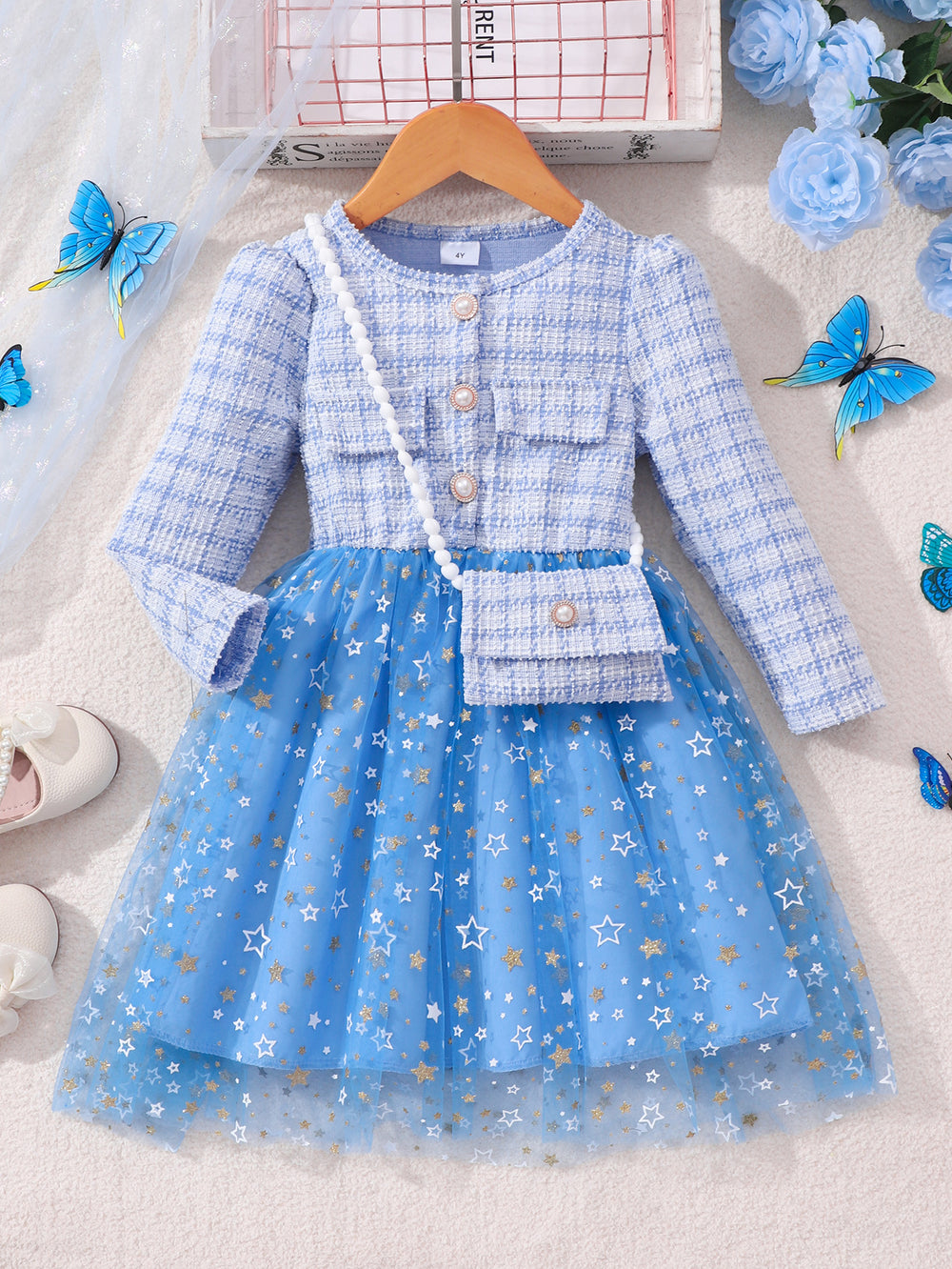New girls' long-sleeve star mesh dress with matching mini bag